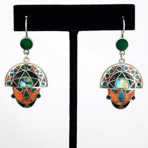 SOLD-Vintage Peruvian Dangle Earrings 950 Silver Mosaic Stone Shell Inlays